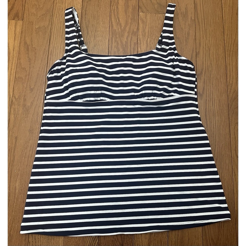 Lands' End Square Neck Tankini Swim ‎ Top Navy White Stripe Nautical Size 12L
